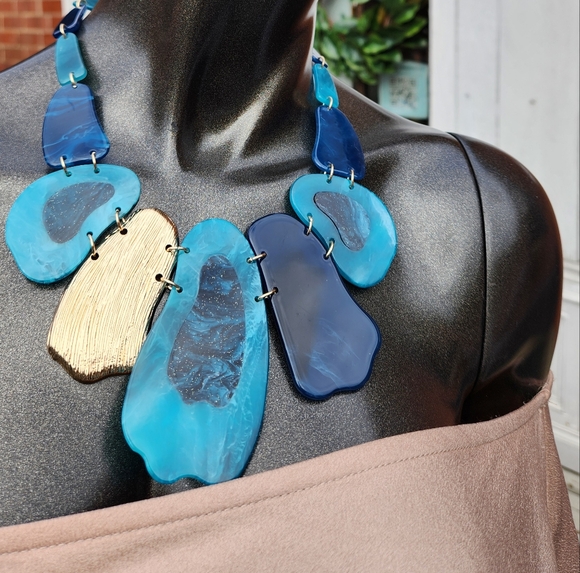 Black, Blue and Goldtone Statement Necklace with Earrings Set - Picture 3 of 15